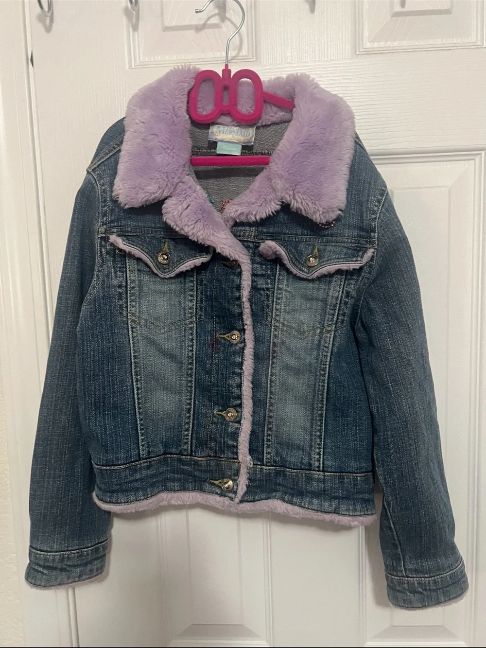 Vintage Denim Ariel Little Mermaid Embroidered Jacket with Faux Fur Collar